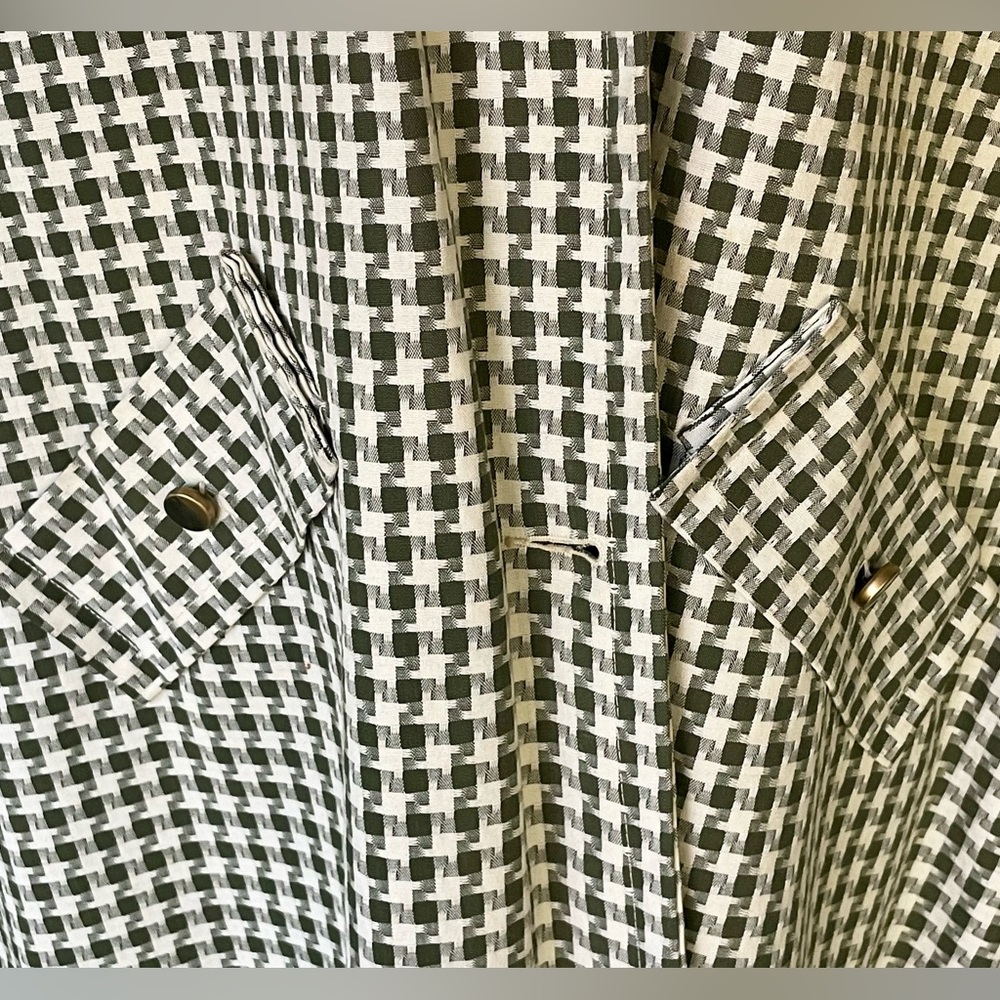 Vintage checkered swingcoat/trench, Drk olive green and white, pockets, GUC - Picture 6 of 13
